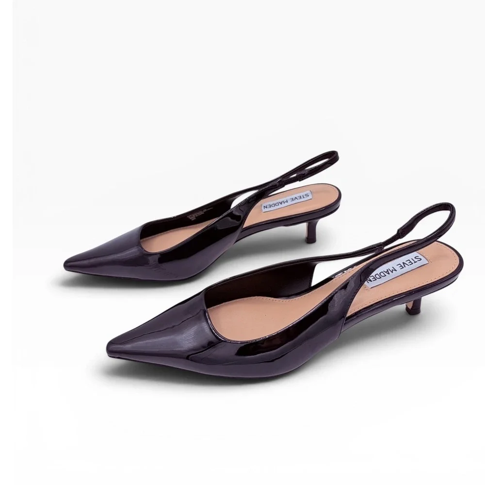 Steve Madden NWOB Kari Slingback Pump 8M Black Patent Pointed Toe Kitten Heel - Picture 4 of 8